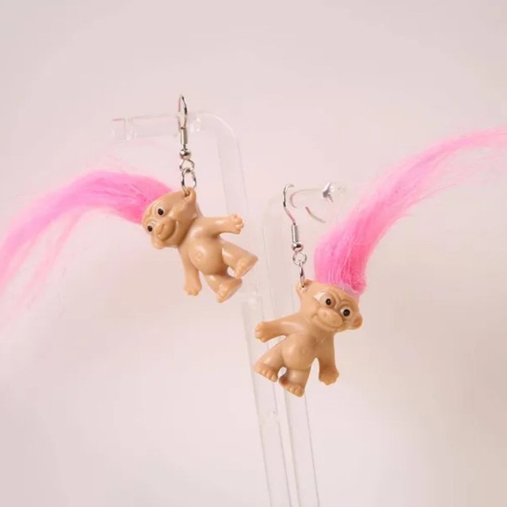 Retro 90s Pink Hair Troll Dolls Funny Nostalgia Hook Dangle Earrings NEW